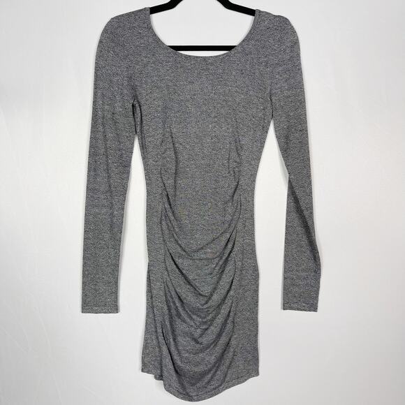 New Express XSmall XS Heather Gray Bodycon Ruched Long Sleeve Dress Scoop Neck - Picture 1 of 10